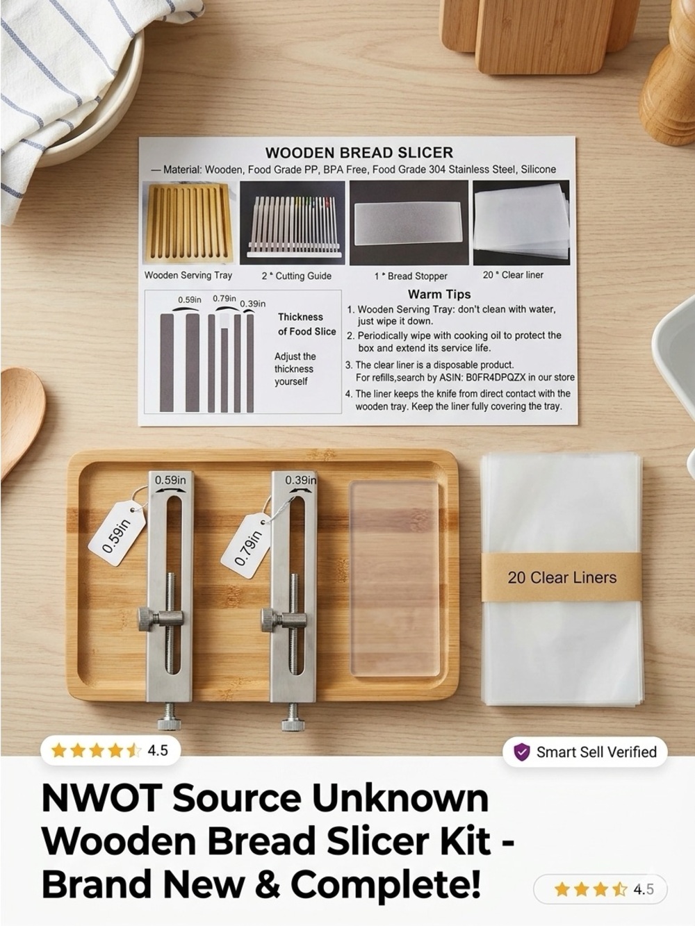 NWOT Source Unknown Wooden Bread Slicer Kit - Natural Wood & Silver